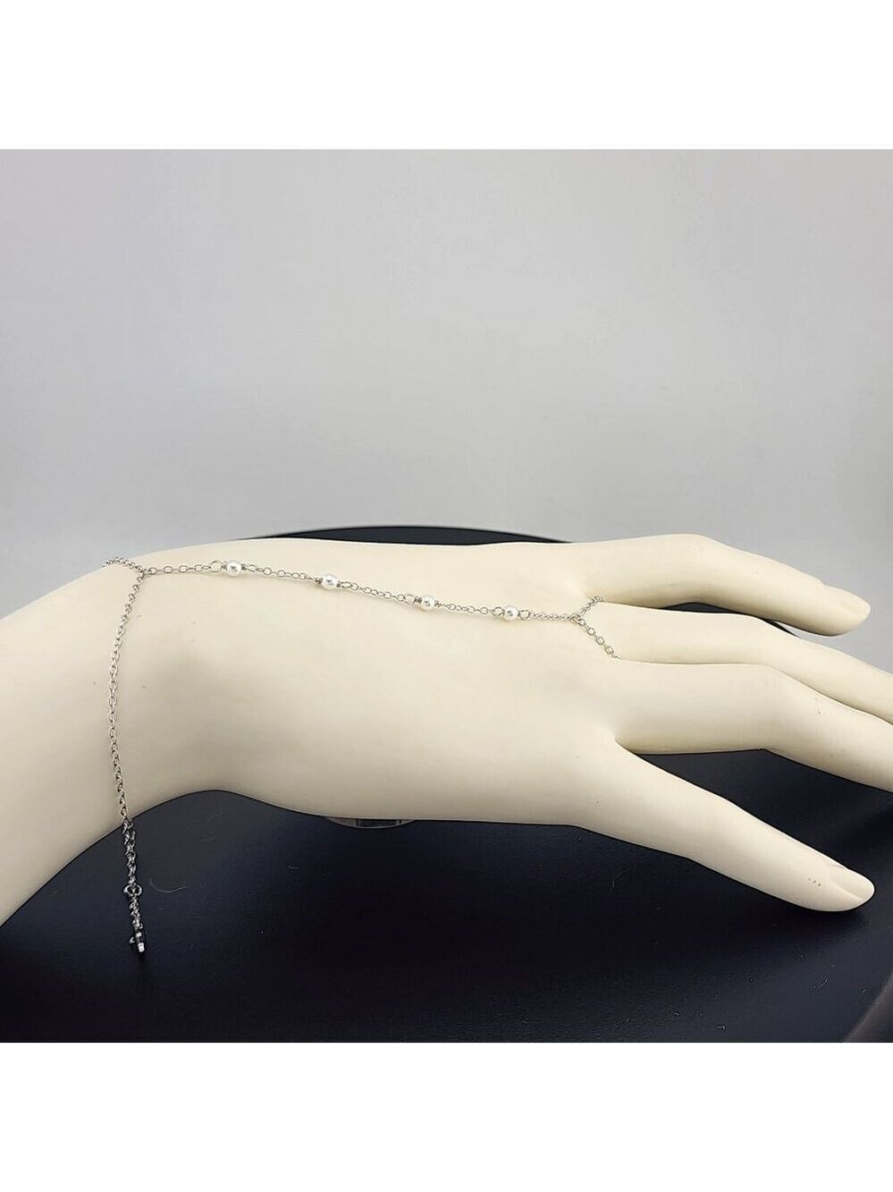 Sterling Silver 925 White Beaded Hand Bracelet with Ring - Picture 5 of 11